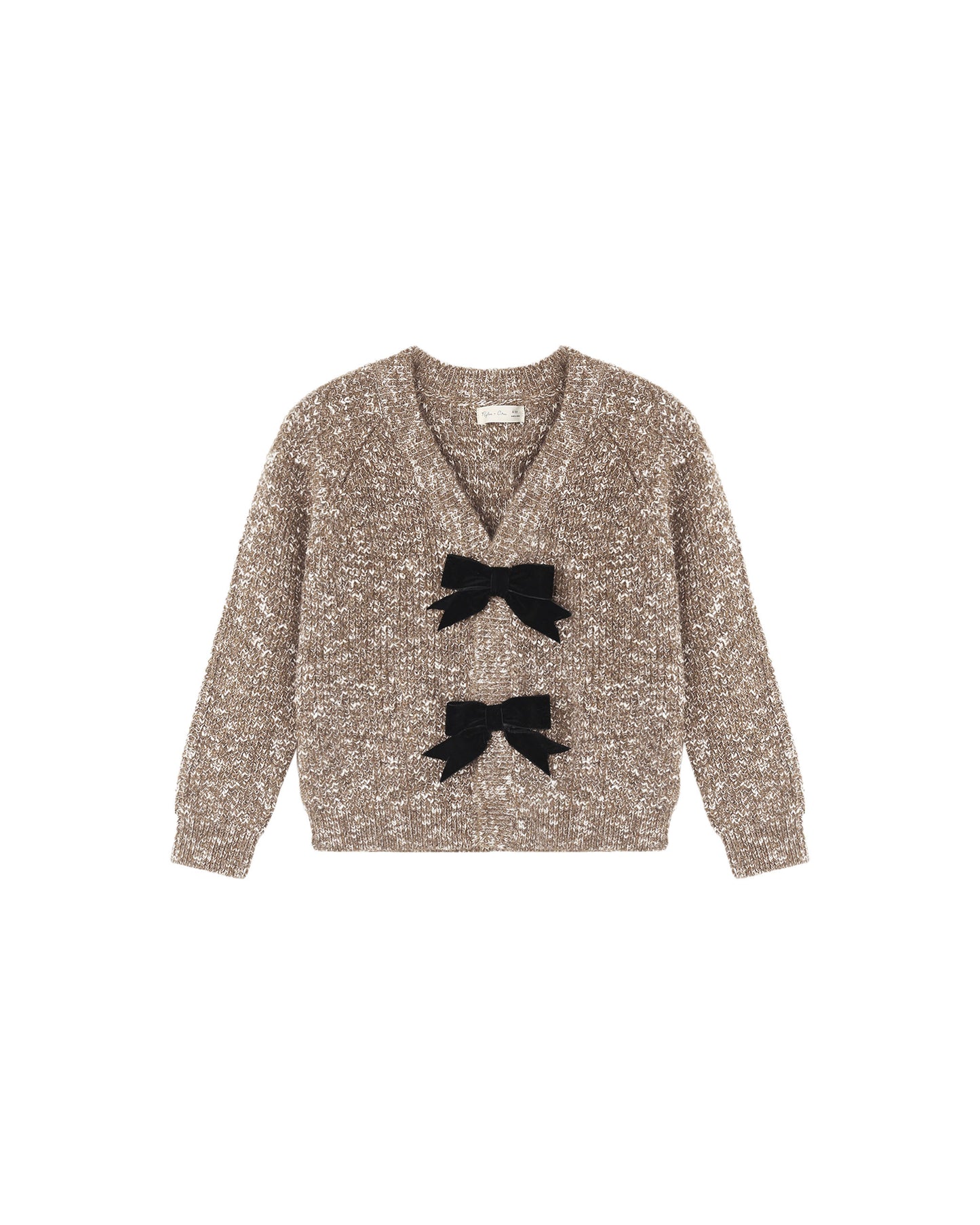 Rylee + Cru Bow Cardigan in heathered stone laid flat, with two black velvet bows on the front
