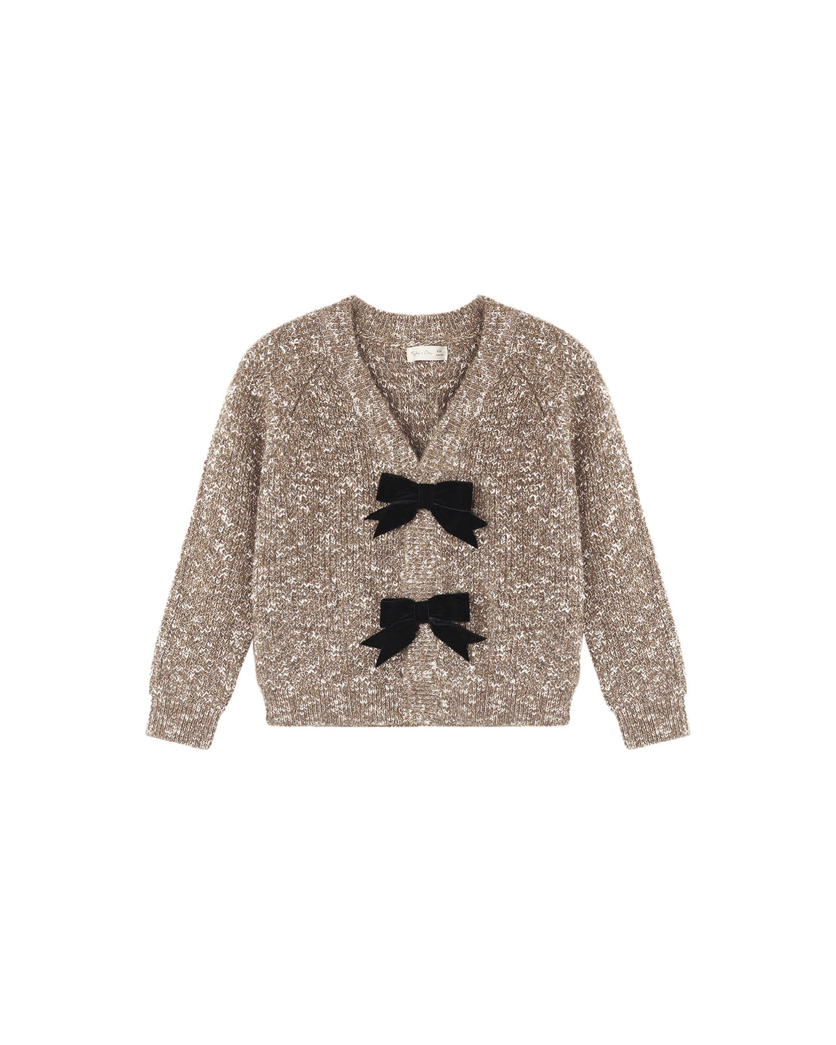 Rylee + Cru Bow Cardigan in heathered stone laid flat, with two black velvet bows on the front