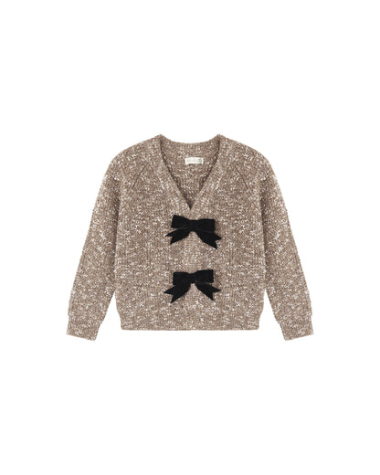 Rylee + Cru Bow Cardigan in heathered stone laid flat, with two black velvet bows on the front