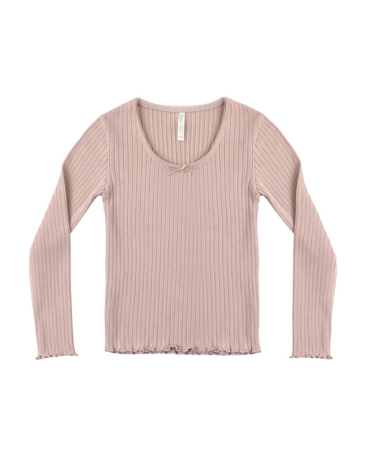 Rylee + Cru Ribbed Long Sleeve top in rosewood, with a lace-trimmed neckline and satin bow