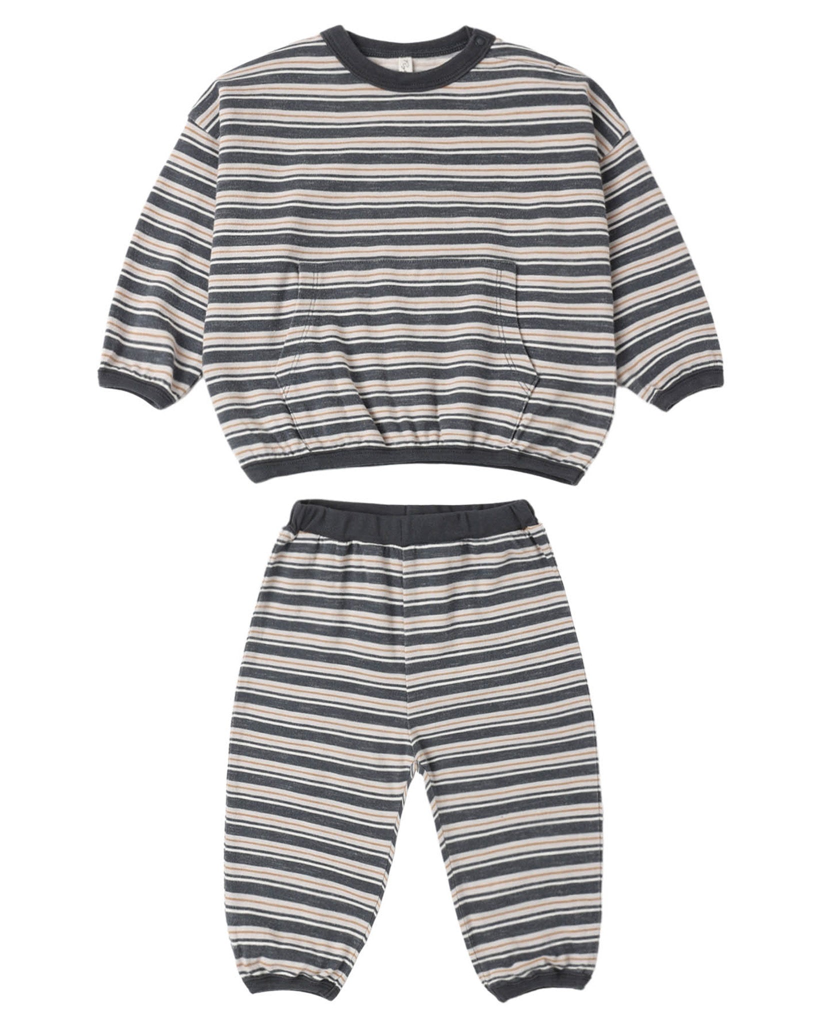 Striped sweatshirt and pants set on a white background