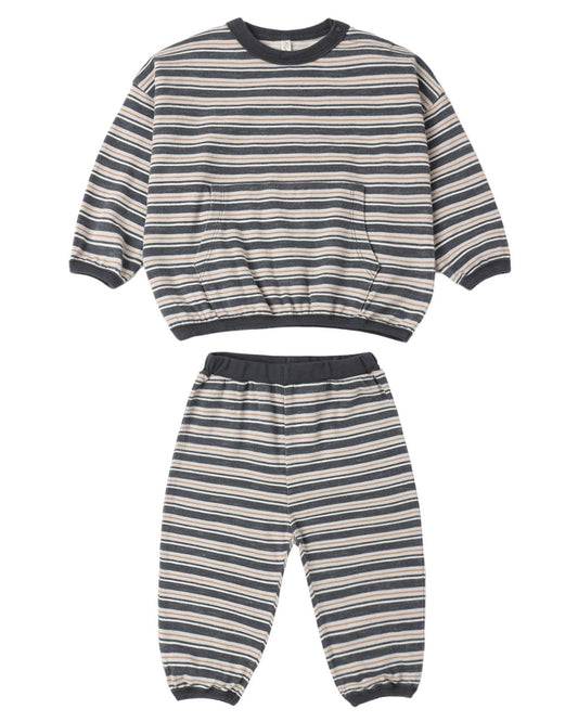 Rylee + Cru Relaxed Set in blue stripe, matching long-sleeve top and pants shown on white