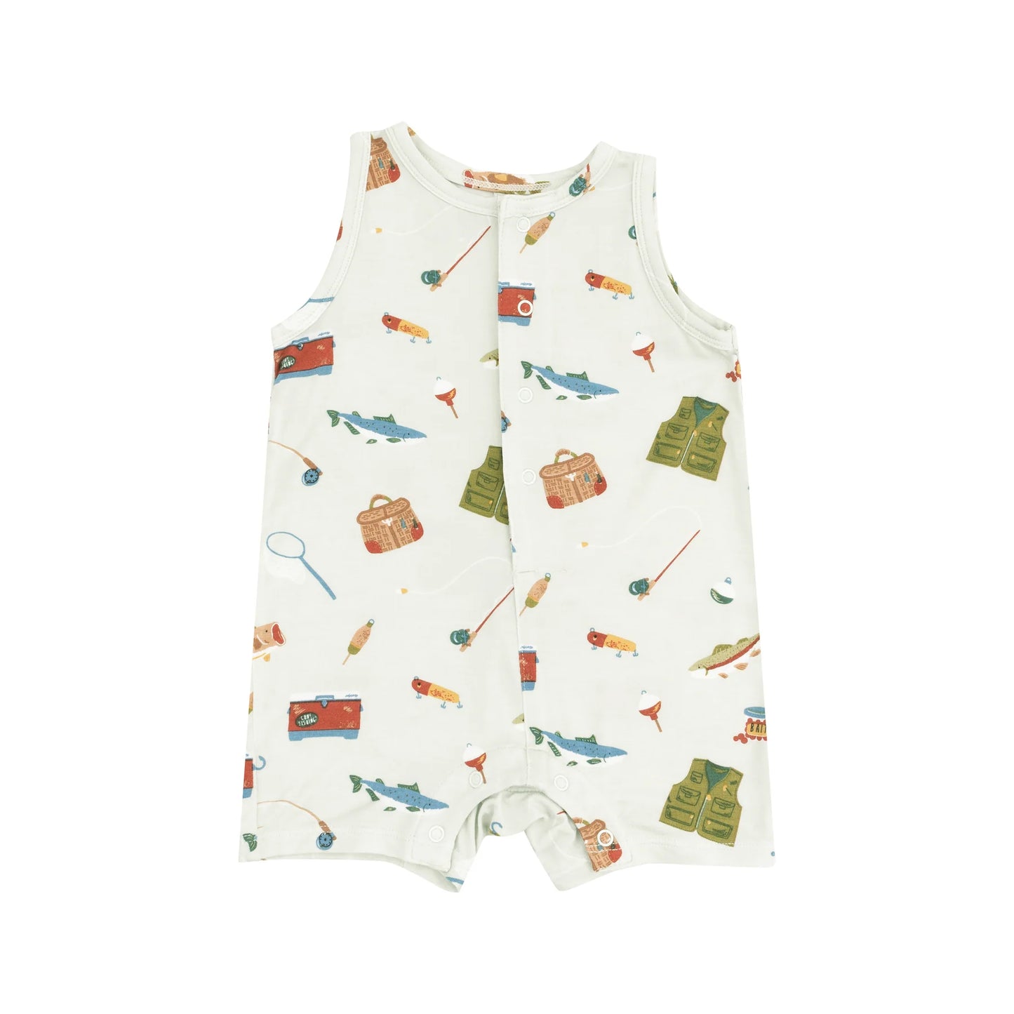 Sleeveless Shortie Romper - Fishing Things Green Front