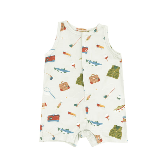 Sleeveless Shortie Romper - Fishing Things Green Front