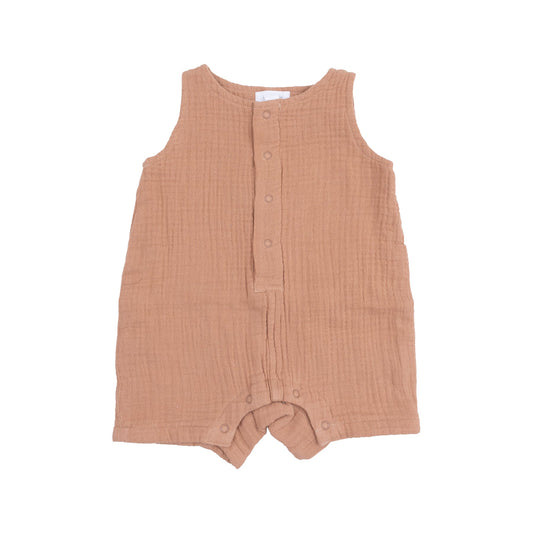 Sleeveless Shortie Romper - Solid Muslin Camel Front