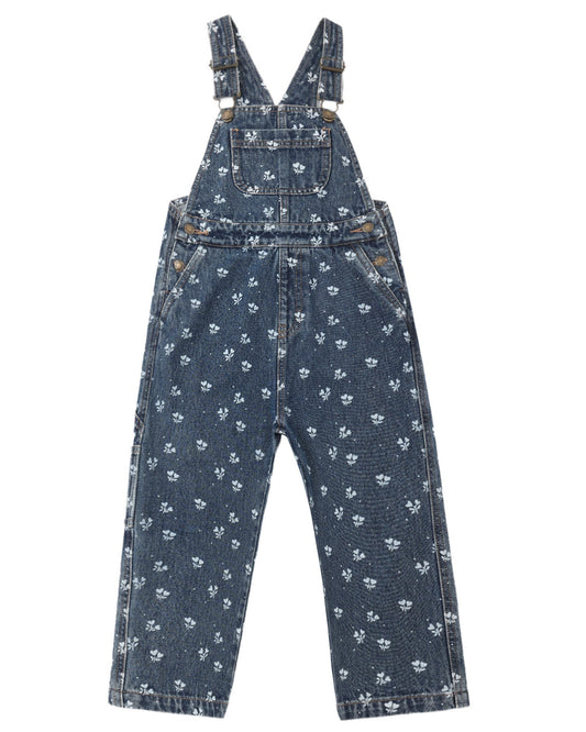 Rylee + Cru Utility Overall in Heart Ditsy print on indigo denim, product photo of the girls' overalls