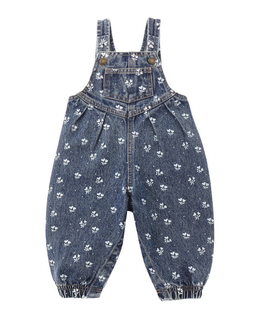 Rylee + Cru Vintage Overall in Heart Ditsy print on indigo denim, product photo of the baby and toddler overalls