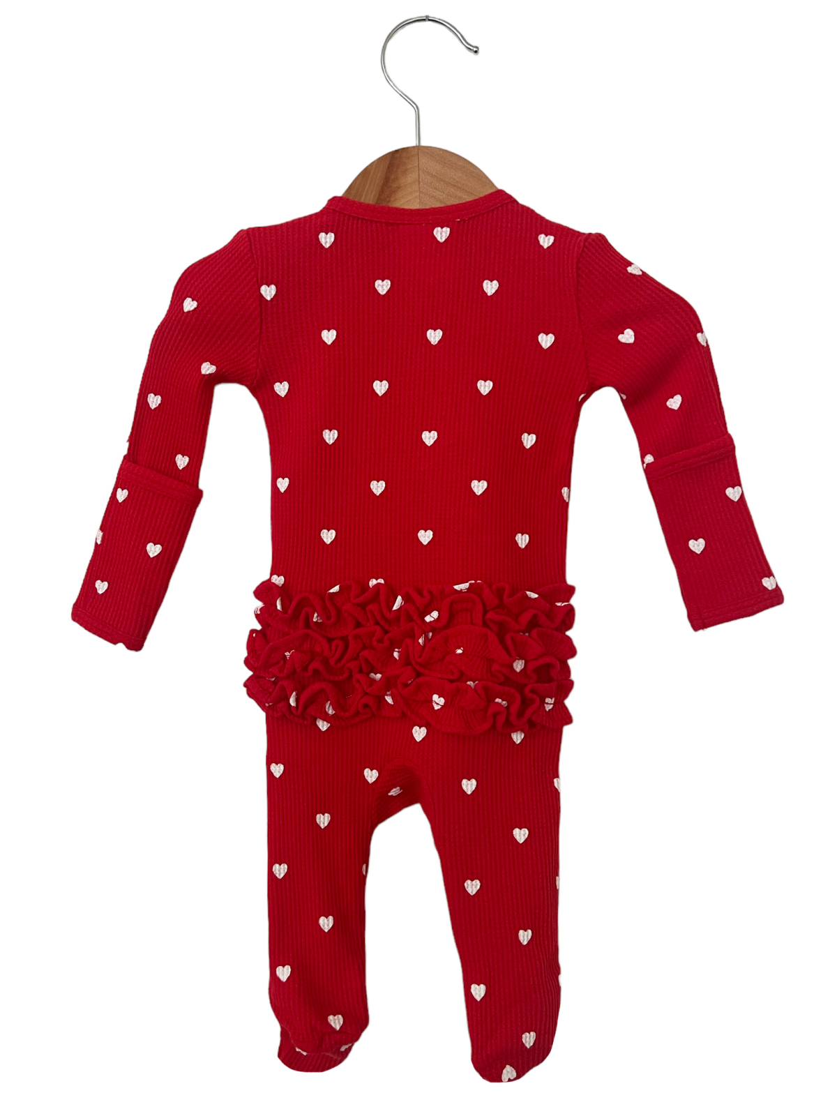 Organic Waffle Ruffle Zip Footie, Little White Heart (on Red)