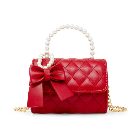 Quilted Pearl Handle Bow Ribbon Handbag