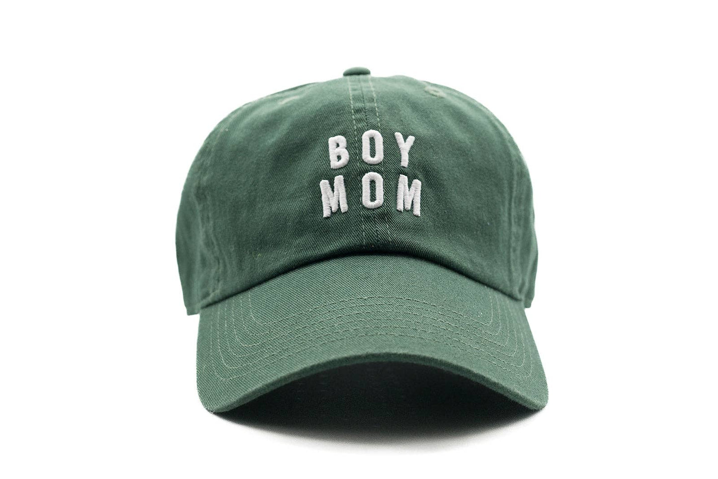 Green cap with 'BOY MOM' text on a white background