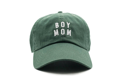 Green cap with 'BOY MOM' text on a white background