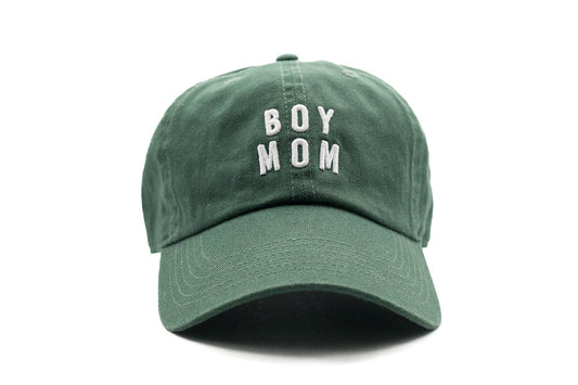 Green cap with 'BOY MOM' text on a white background