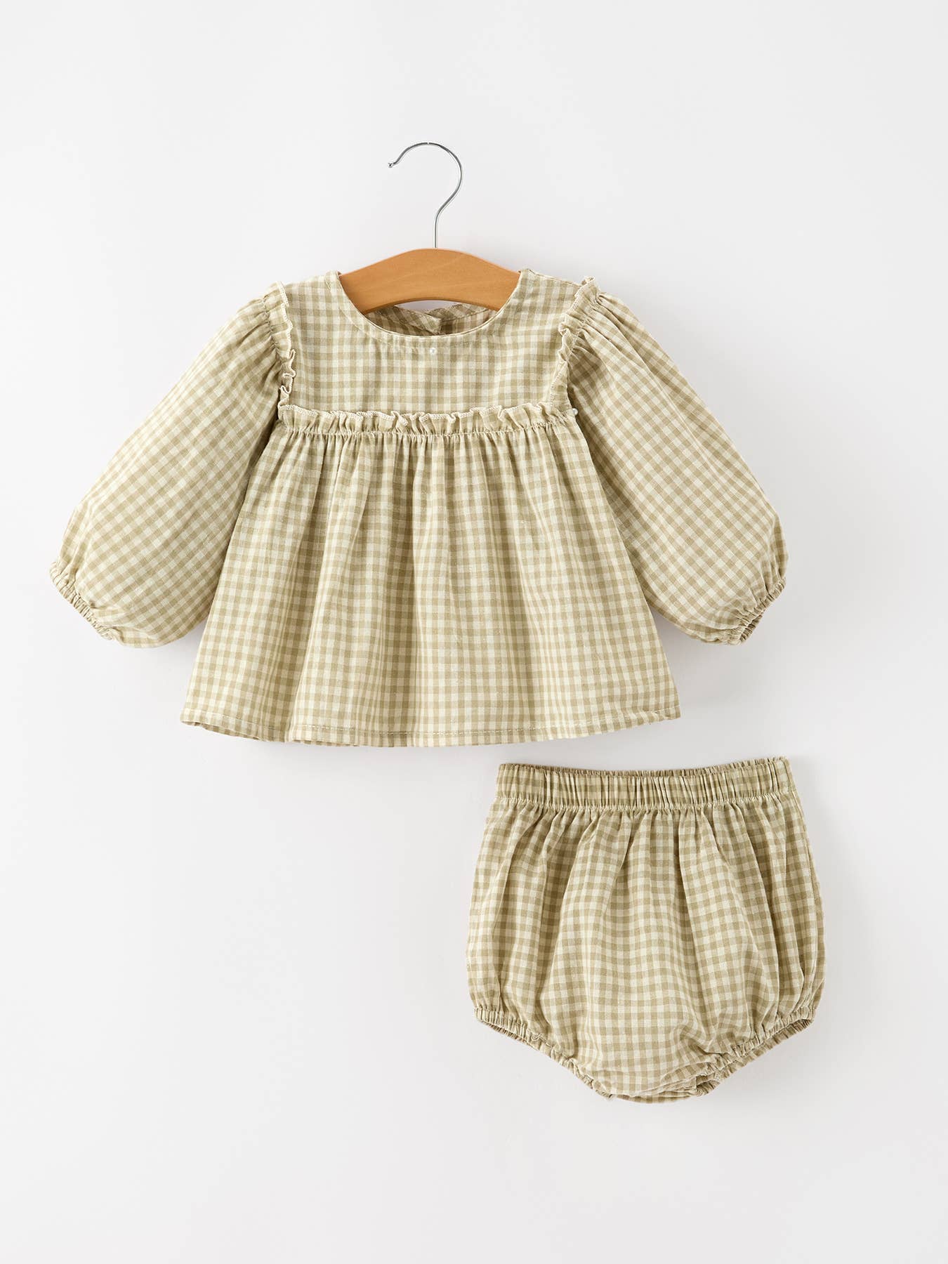 Gingham Baby Romper with Long Sleeve Puff Design