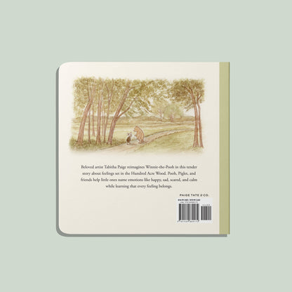 Back cover of Winnie-the-Pooh: Finding Feelings with Pooh seated in the woods and the book summary