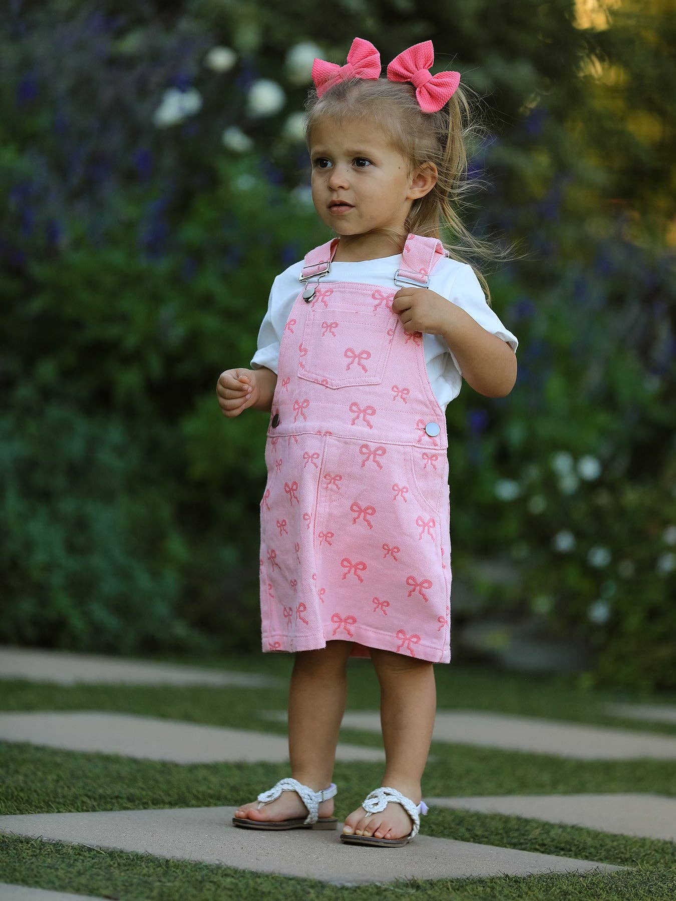 Pink Bow Denim Overall Dress