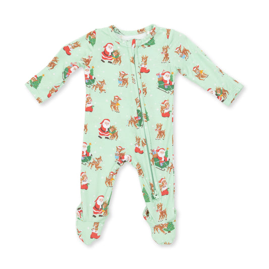 Angel Dear Vintage Reindeer and Santa 2-way zipper footie in mint green with a Santa and reindeer print