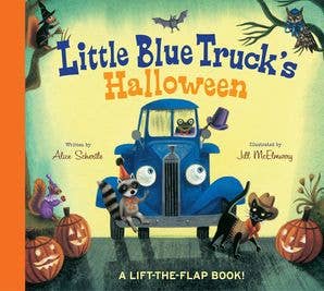 Front cover of Little Blue Truck’s Halloween lift-the-flap book with Little Blue Truck in a spooky night scene