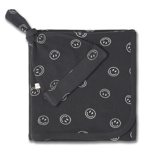 Organic Swaddle Blanket & Hat Set - Happy Face