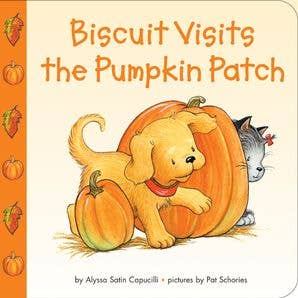 Front cover of Biscuit Visits the Pumpkin Patch board book with Biscuit the puppy sitting beside pumpkins