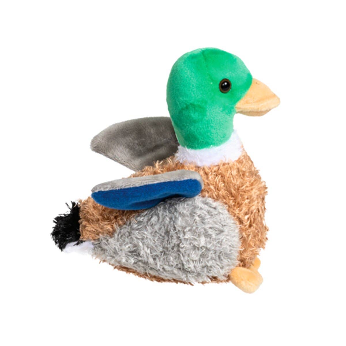 Plush duck toy with green head and brown body on a white background