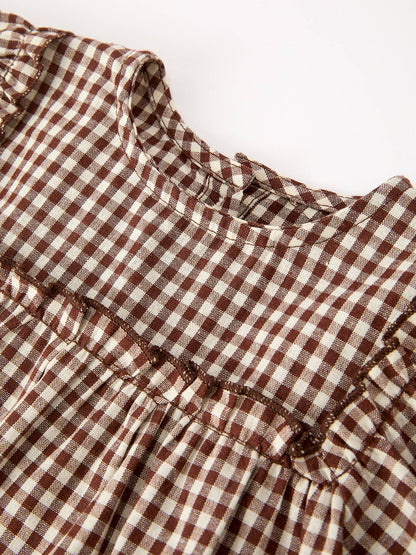 Gingham Baby Romper with Long Sleeve Puff Design