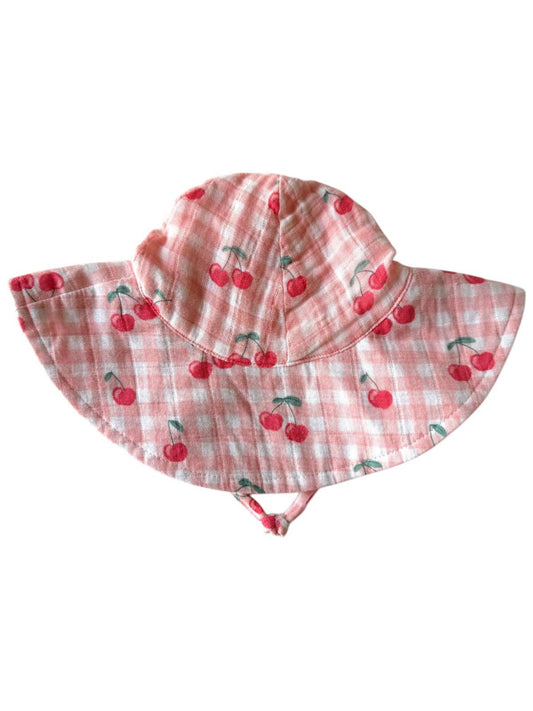 Gingham Cherries / Muslin Wide Brim Sunhat