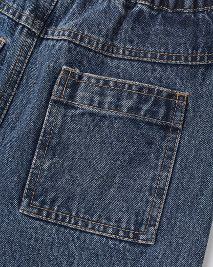 Rylee + Cru Baggy Pant in indigo denim, closer view of the 100% cotton denim