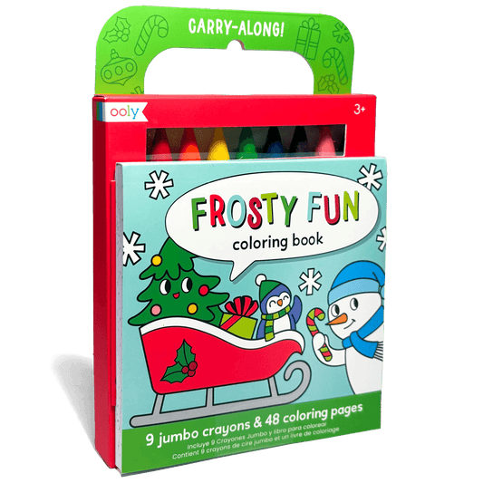 Frosty Fun carry-along coloring book set with jumbo crayons in a green handled case