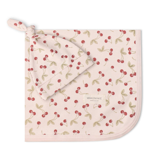 Organic Swaddle Blanket & Hat Set - Cherry