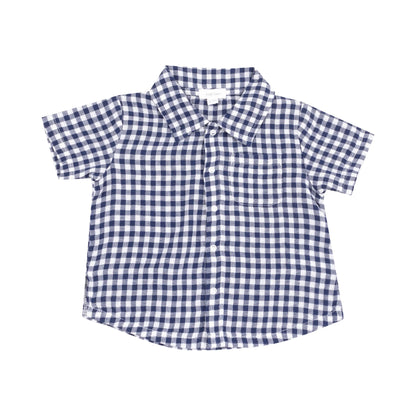 Navy Gingham Button Down Muslin Polo with French Terry Short