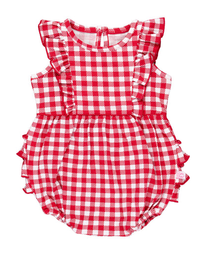 Baby Girls Red Gingham Knit Sleeveless Waterfall Romper