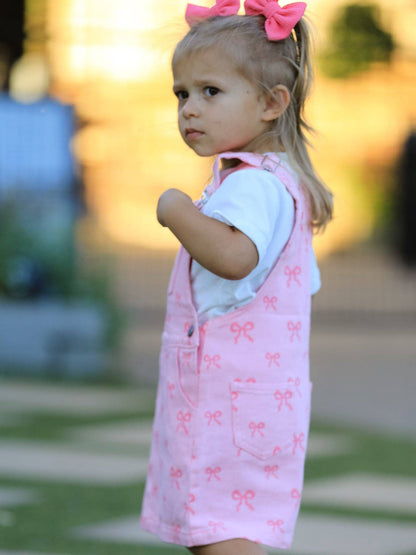 Pink Bow Denim Overall Dress