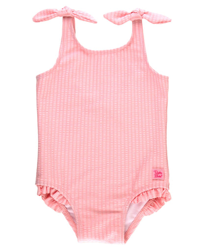 Pink Seersucker Tie Shoulder One Piece Swimsuit