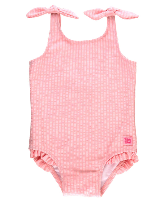 Pink Seersucker Tie Shoulder One Piece Swimsuit