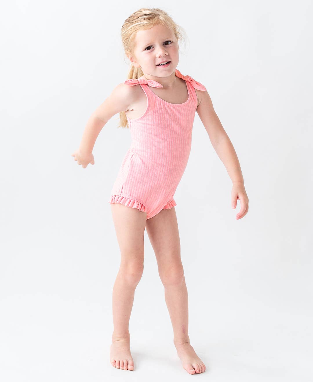 Pink Seersucker Tie Shoulder One Piece Swimsuit