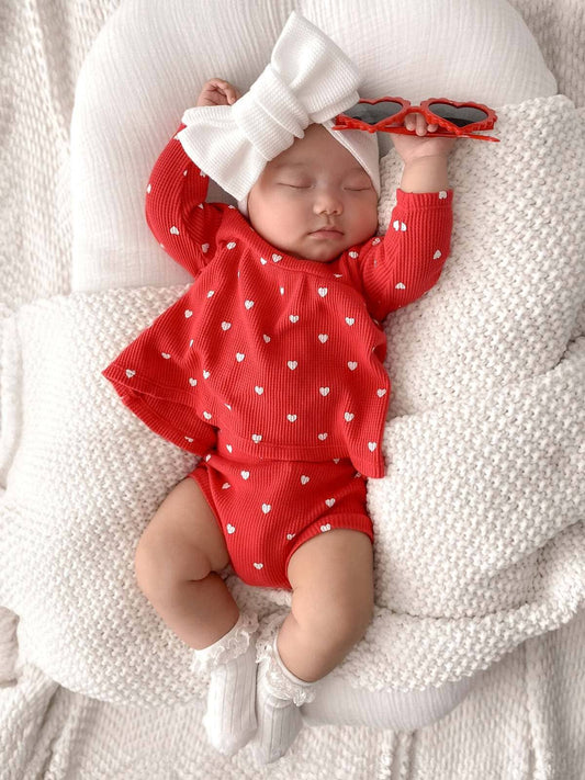 Organic Waffle Simple Dress & Bloomer, Little White Heart on Red