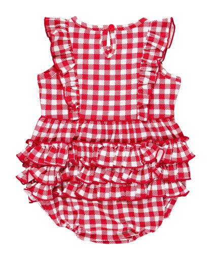 Baby Girls Red Gingham Knit Sleeveless Waterfall Romper