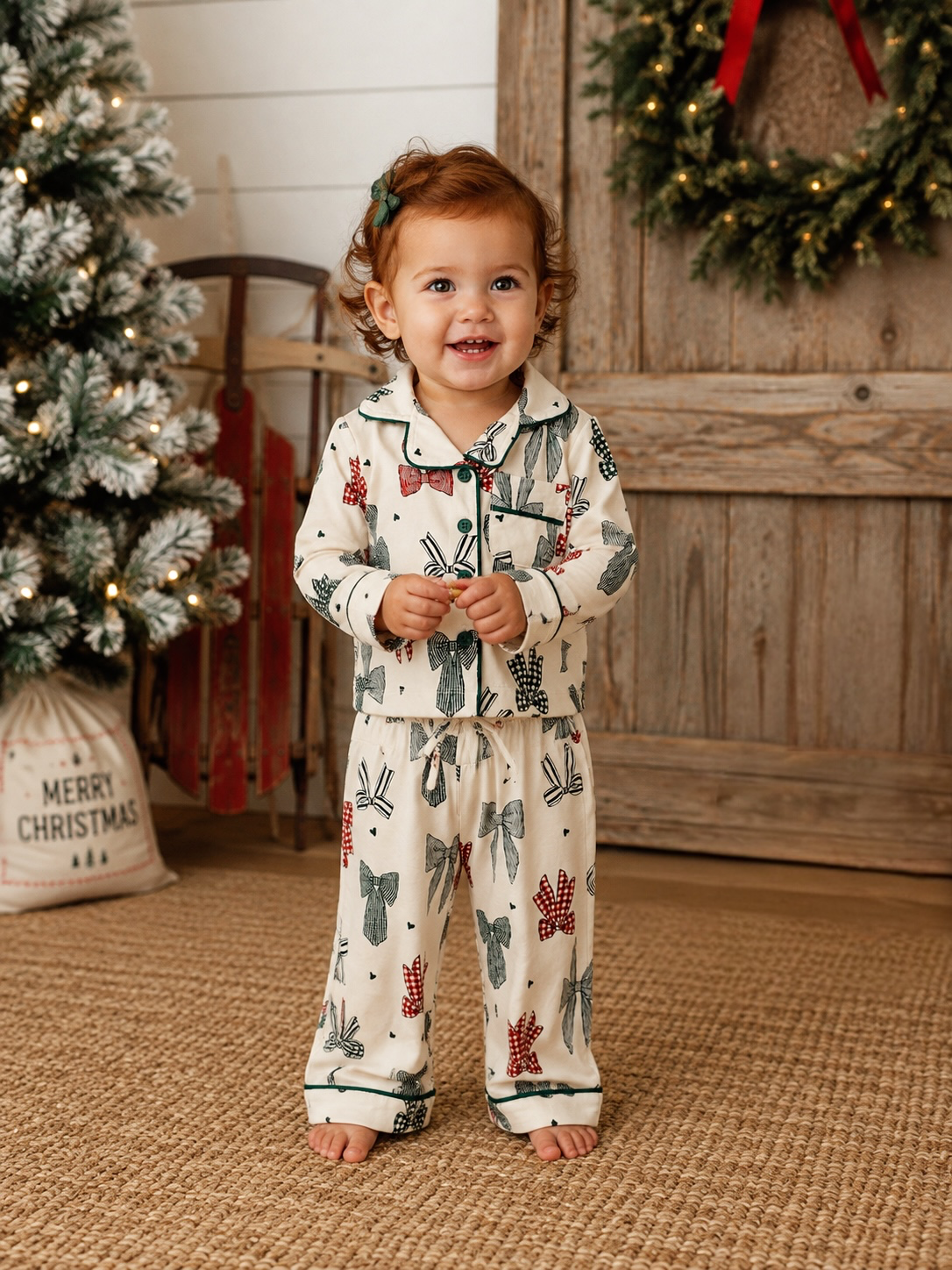 Toddler in the SpearmintLOVE Country Christmas Bows lounge set standing in front of a decorated Christmas tree