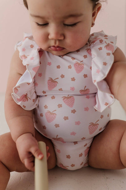 Strawberry Ruffle Sleeve Cross Back Swimsuit