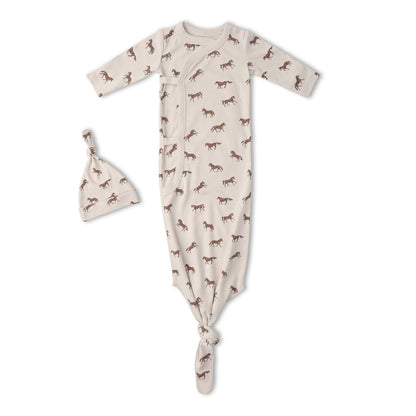 Organic Kimono Knotted Sleep Gown & Hat Set - Horses