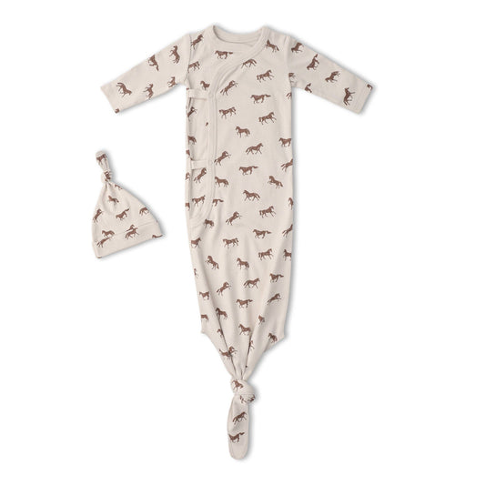 Organic Kimono Knotted Sleep Gown & Hat Set - Horses