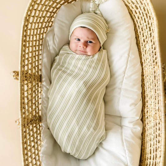 Organic Cotton Swaddle Blanket & Top Knot Hat - Foam Stripes