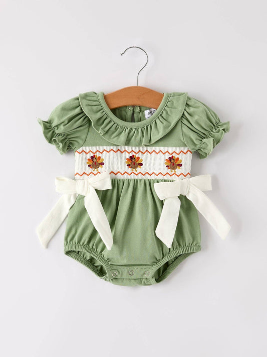 Green Turkey Embroidered Smocked Baby Girl Romper