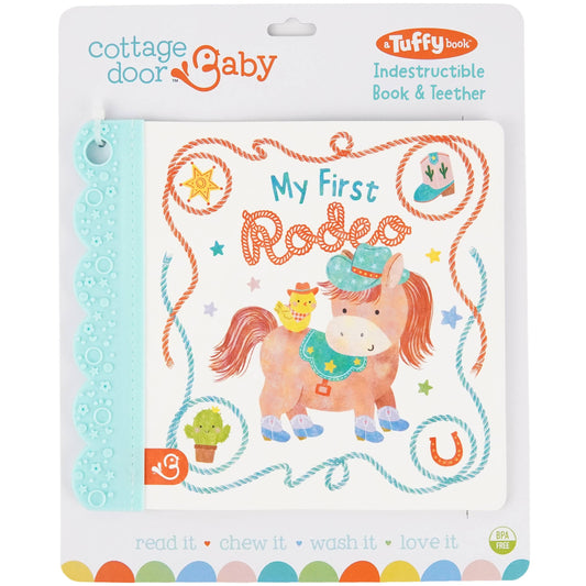 Cottage Door Press My First Rodeo Tuffy book in its packaging, an indestructible book and teether for babies