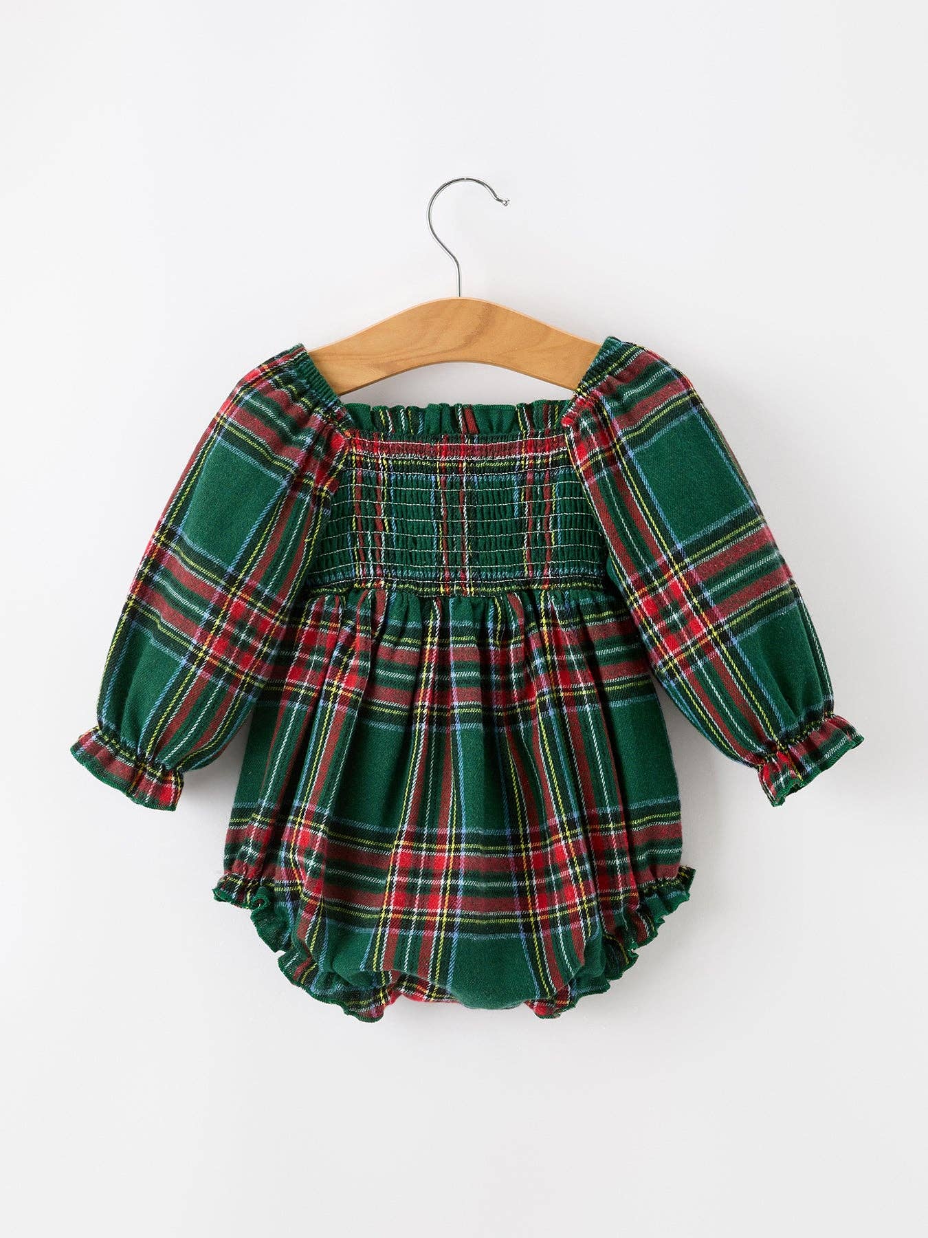 Christmas Plaid Smocked Bubble Romper with Ruffle Detail