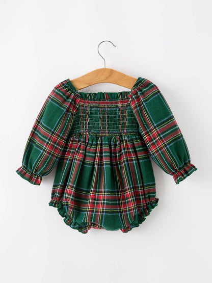 Christmas Plaid Smocked Bubble Romper with Ruffle Detail