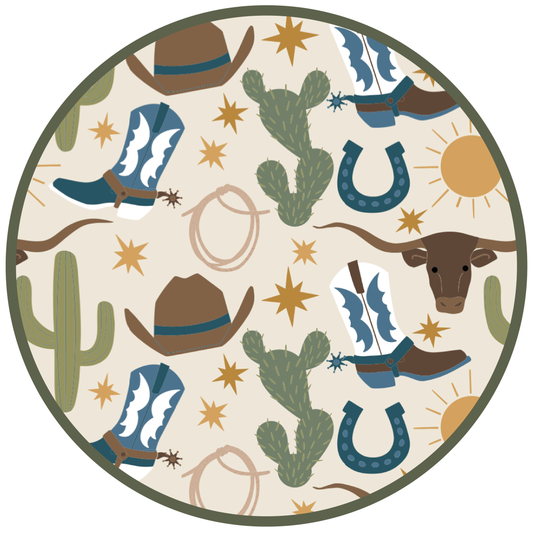 Howdy Western Bamboo Convertible Baby Pajamas featuring longhorn cows, cowboy boots with spurs, cacti, stars, rope, horseshoes and more! 