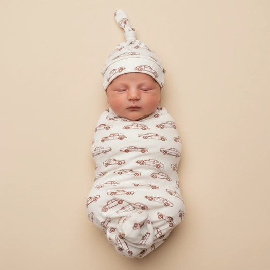 Organic Swaddle Blanket & Hat Set - Cars