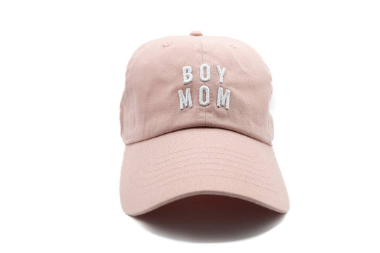 Pink cap with 'BOY MOM' text on a white background