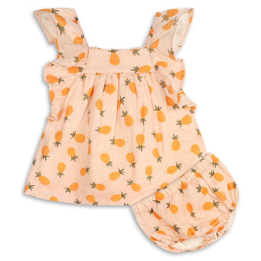 Pineapple Ruffle Sleeve Baby Dress + Bloomer